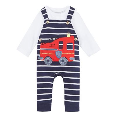 bluezoo Baby boys' blue and white dungarees and top set